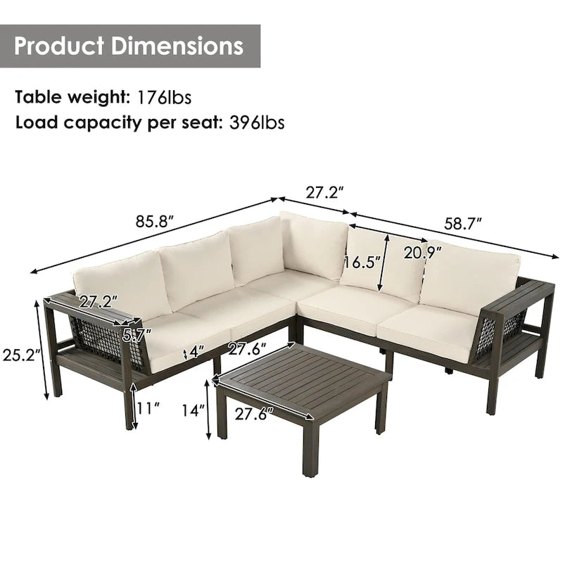 4-Pieces Outdoor Acacia Wood L-Shaped Sectional Sofa Set with Coffee Table and Arm Side Table