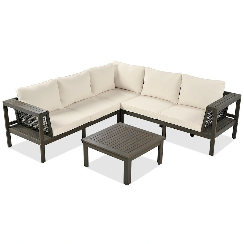 4-Pieces Outdoor Acacia Wood L-Shaped Sectional Sofa Set with Coffee Table and Arm Side Table