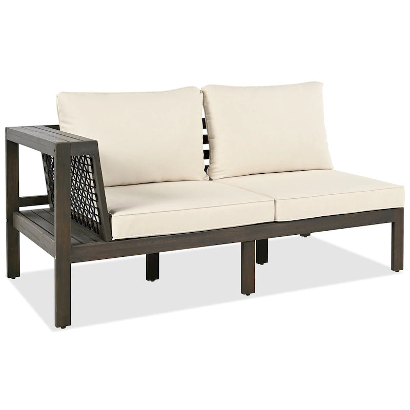 4-Pieces Outdoor Acacia Wood L-Shaped Sectional Sofa Set with Coffee Table and Arm Side Table