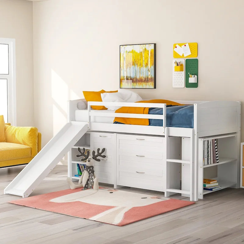 Twin Low Loft Bed with Storage Cabinets, Shelves & Ladder – White / Gray / Espresso, Pine Wood, Single