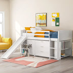 Twin Low Loft Bed with Storage Cabinets, Shelves & Ladder – White / Gray / Espresso, Pine Wood, Single