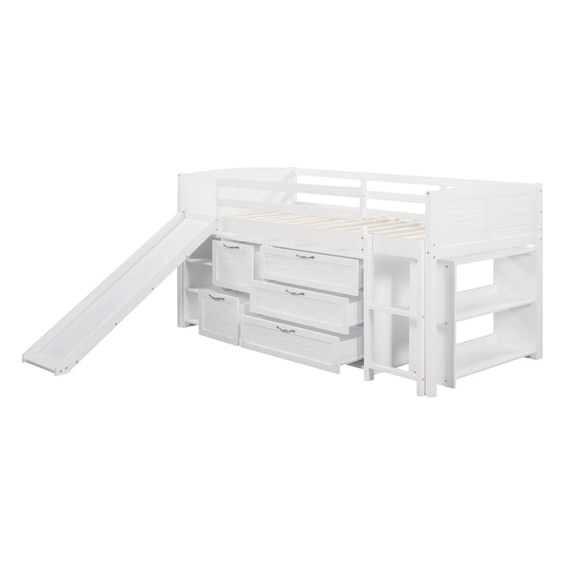 Twin Low Loft Bed with Storage Cabinets, Shelves & Ladder – White / Gray / Espresso, Pine Wood, Single