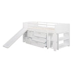 Twin Low Loft Bed with Storage Cabinets, Shelves & Ladder – White / Gray / Espresso, Pine Wood, Single