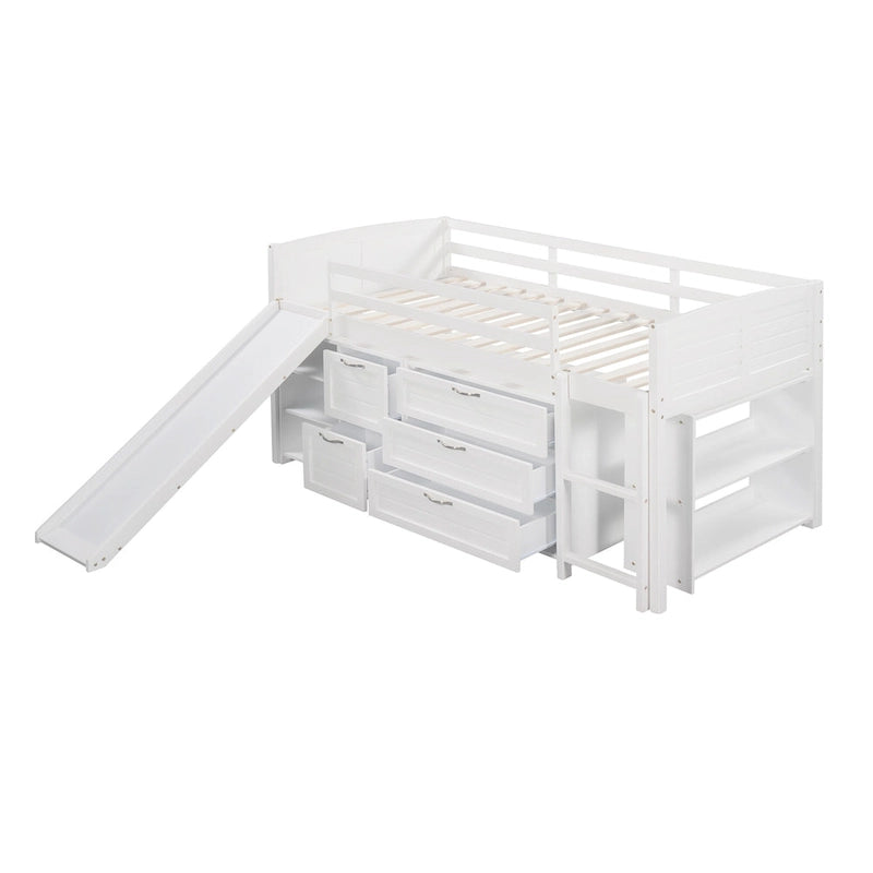 Twin Low Loft Bed with Storage Cabinets, Shelves & Ladder – White / Gray / Espresso, Pine Wood, Single