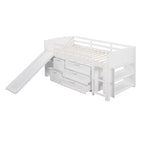 Twin Low Loft Bed with Storage Cabinets, Shelves & Ladder – White / Gray / Espresso, Pine Wood, Single