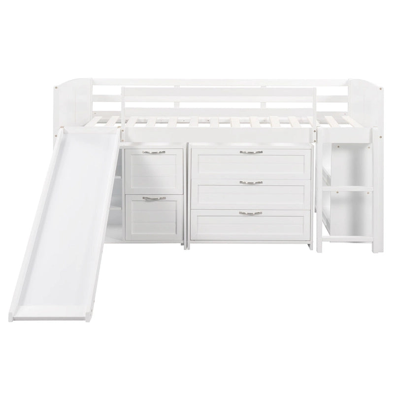 Twin Low Loft Bed with Storage Cabinets, Shelves & Ladder – White / Gray / Espresso, Pine Wood, Single