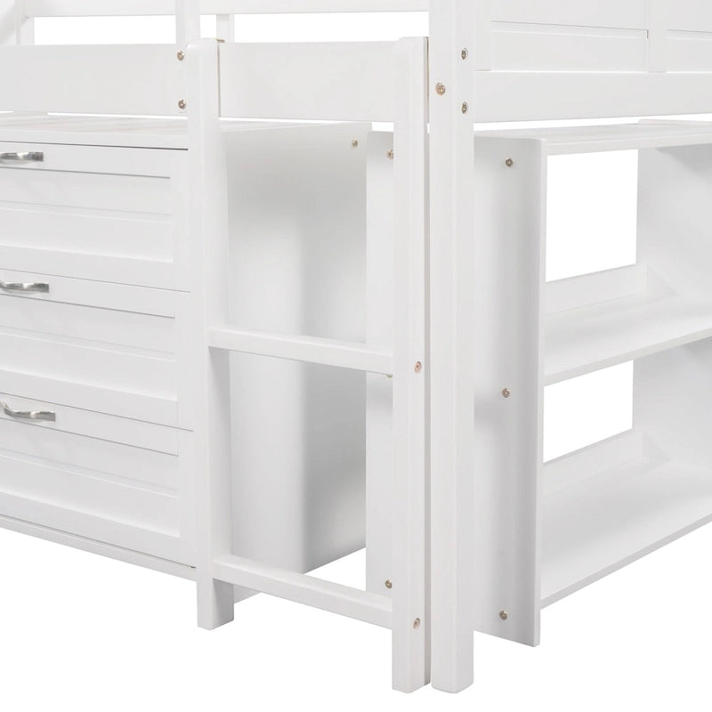 Twin Low Loft Bed with Storage Cabinets, Shelves & Ladder – White / Gray / Espresso, Pine Wood, Single
