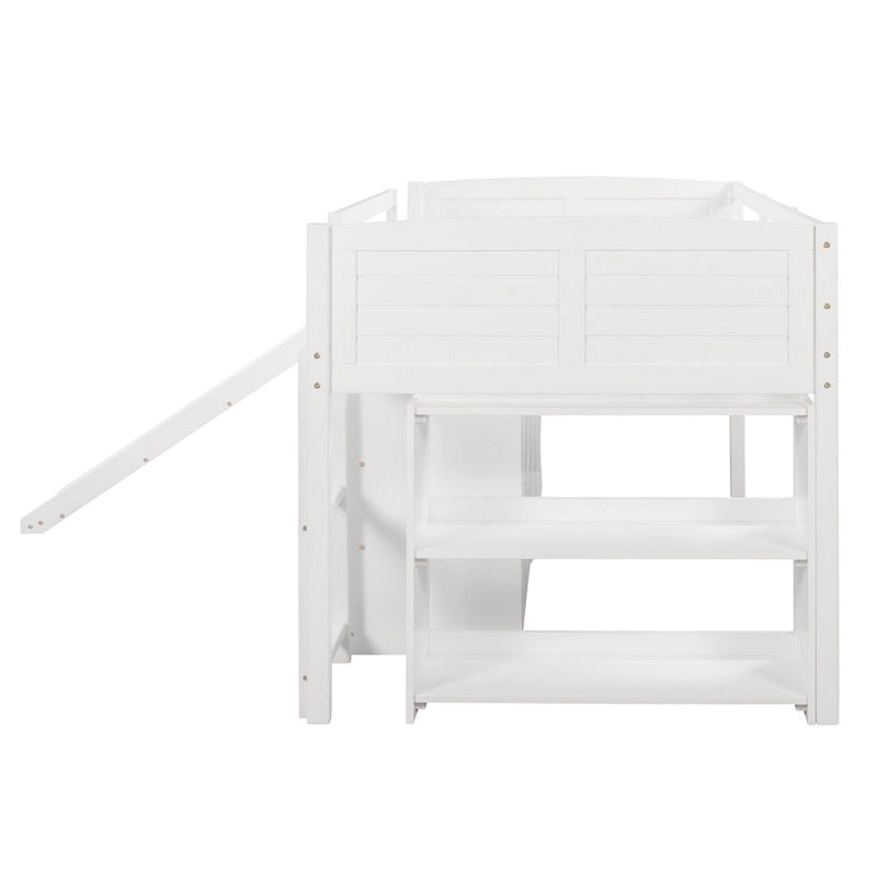 Twin Low Loft Bed with Storage Cabinets, Shelves & Ladder – White / Gray / Espresso, Pine Wood, Single