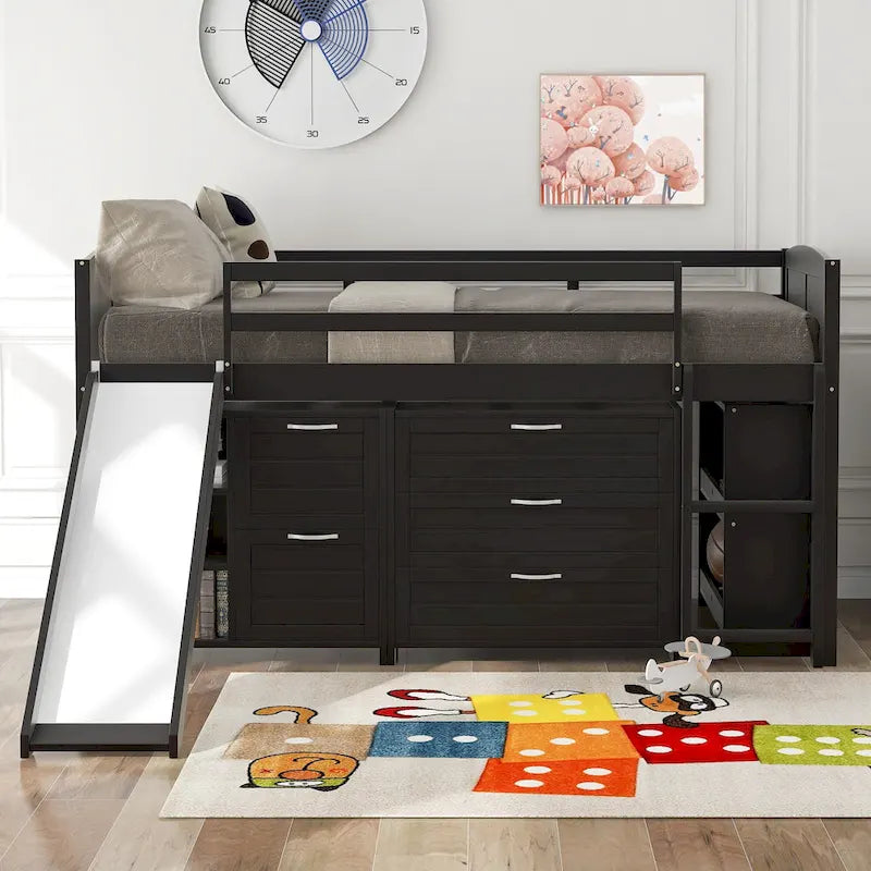 Twin Low Loft Bed with Storage Cabinets, Shelves & Ladder – White / Gray / Espresso, Pine Wood, Single