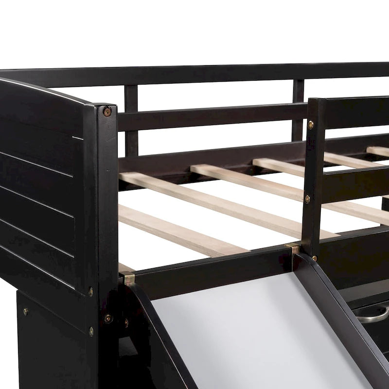 Twin Low Loft Bed with Storage Cabinets, Shelves & Ladder – White / Gray / Espresso, Pine Wood, Single
