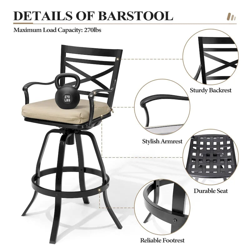 3/5-Piece Outdoor Patio Aluminum Swivel Bar Stools and Table Set