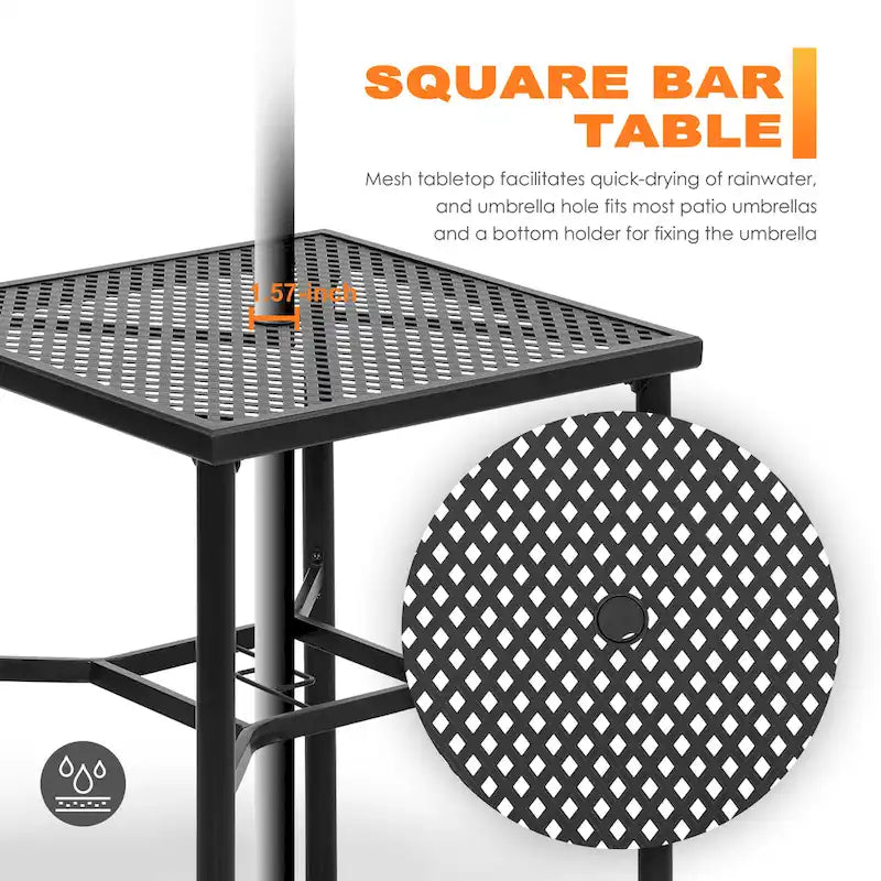 Outdoor 28 Inch Square Bar Table with Mesh Top and 1.57-Inch Umbrella Hole
