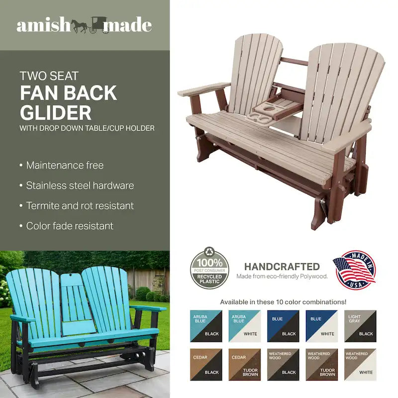 American Furniture Classics Two Seat Fan Back Glider with Drop Down Table/Cup Holder - N/A