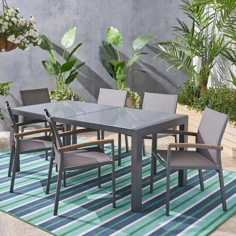Luton Outdoor Aluminum 7 Piece Dining Set with Glass Table Top by Christopher Knight Home