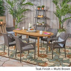 Fayette Outdoor 7 Piece Acacia Wood Dining Set with Stacking Wicker Chairs by Christopher Knight Home