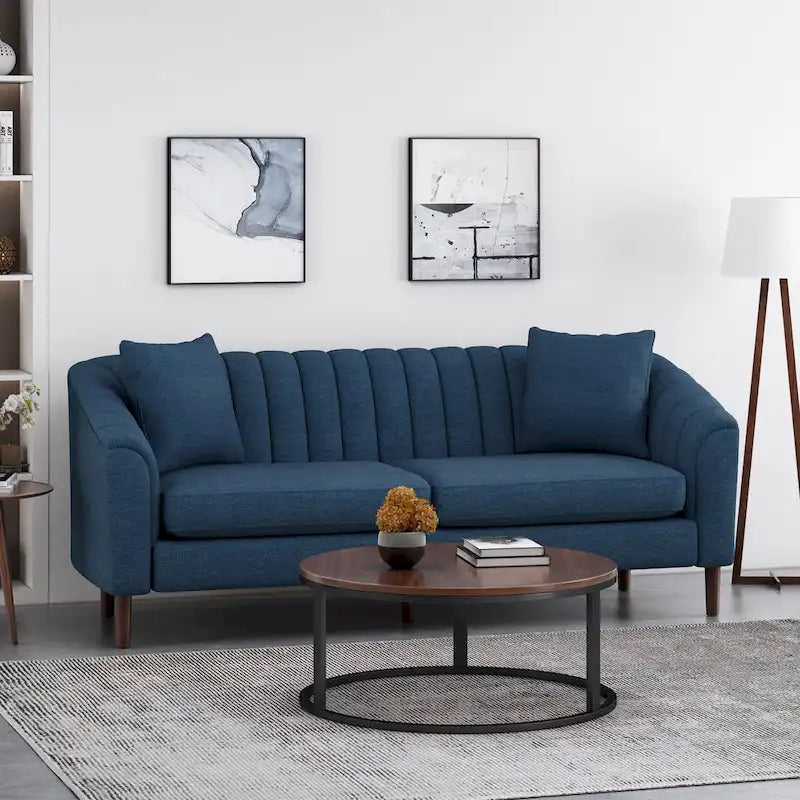 Channel-Tufted Sofa with Sloped Arms & Walnut Legs – Blush / Beige / Cloud Gray / Charcoal / Navy Blue, Mid-Century Modern, Seats 3