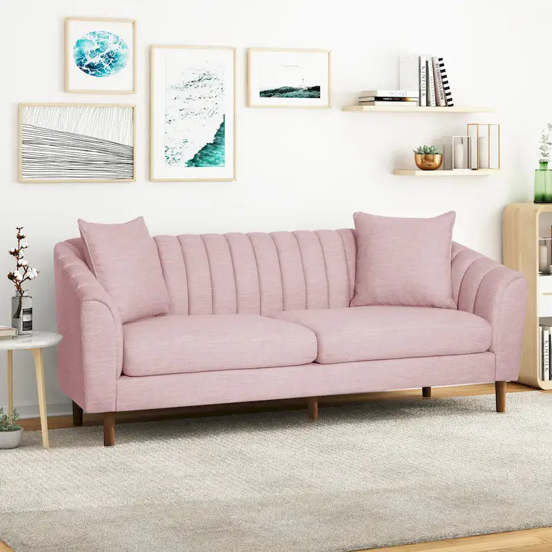 Channel-Tufted Sofa with Sloped Arms & Walnut Legs – Blush / Beige / Cloud Gray / Charcoal / Navy Blue, Mid-Century Modern, Seats 3