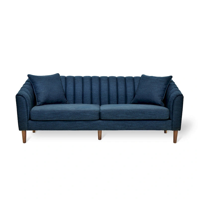 Channel-Tufted Sofa with Sloped Arms & Walnut Legs – Blush / Beige / Cloud Gray / Charcoal / Navy Blue, Mid-Century Modern, Seats 3