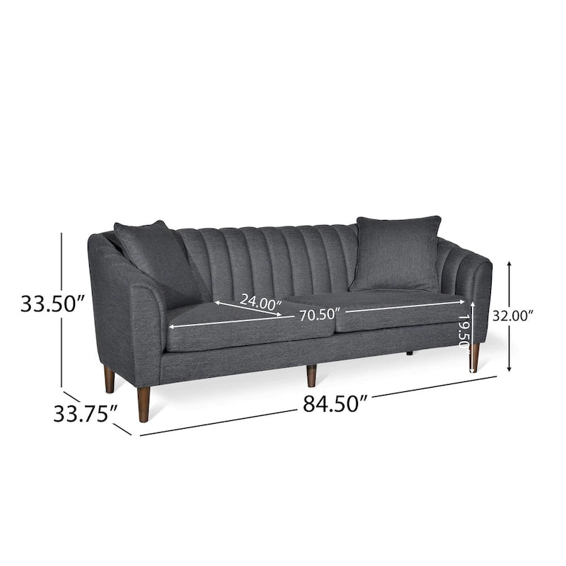Channel-Tufted Sofa with Sloped Arms & Walnut Legs – Blush / Beige / Cloud Gray / Charcoal / Navy Blue, Mid-Century Modern, Seats 3