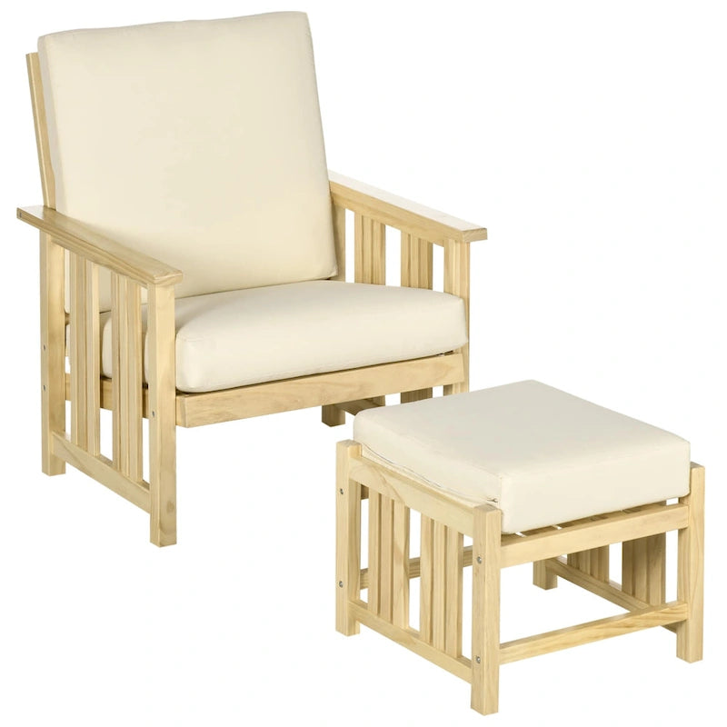 Outsunny 2-Piece Outdoor Patio Furniture Set, Wooden Lounge Chair Set, Armchair with Ottoman & Thick Cushions