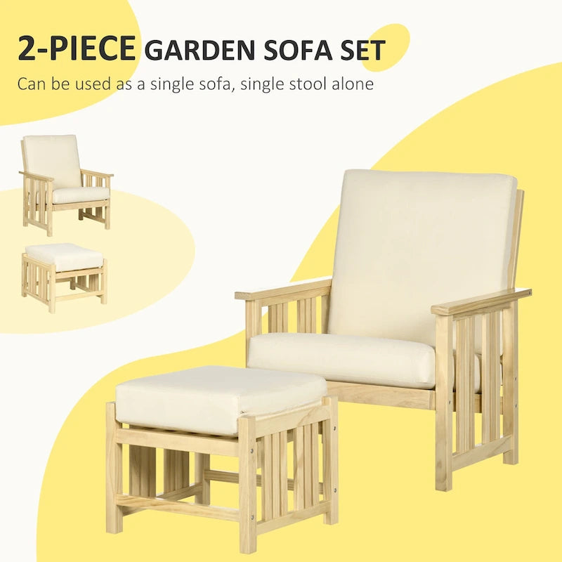 Outsunny 2-Piece Outdoor Patio Furniture Set, Wooden Lounge Chair Set, Armchair with Ottoman & Thick Cushions