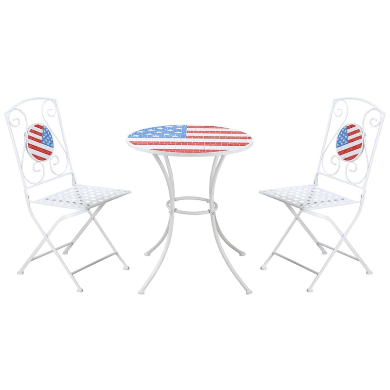 Outsunny 3 Piece Patio Bistro Set with Coffee Table and 2 Folding Chairs, Mosaic American Flag Tabletop and Backs