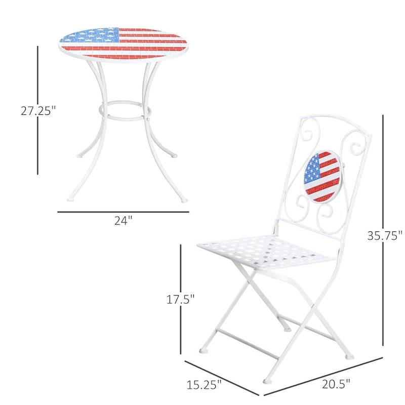 Outsunny 3 Piece Patio Bistro Set with Coffee Table and 2 Folding Chairs, Mosaic American Flag Tabletop and Backs