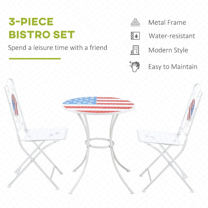 Outsunny 3 Piece Patio Bistro Set with Coffee Table and 2 Folding Chairs, Mosaic American Flag Tabletop and Backs