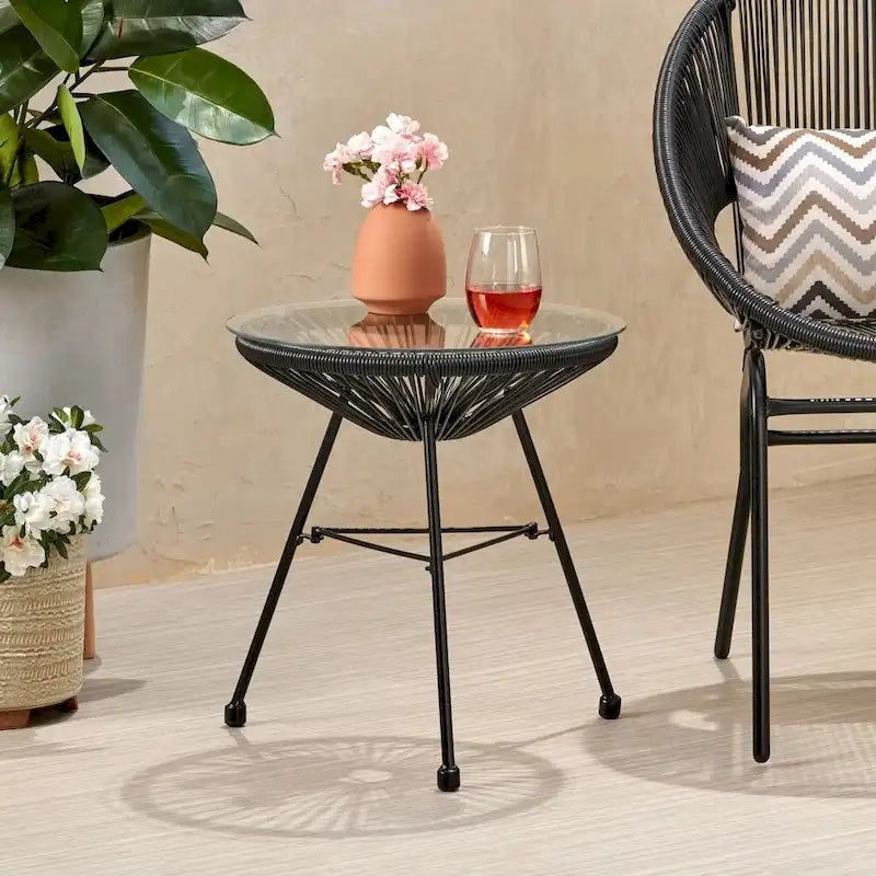 Nusa Outdoor Modern Wicker Side Table with Tempered Glass Top by Christopher Knight Home