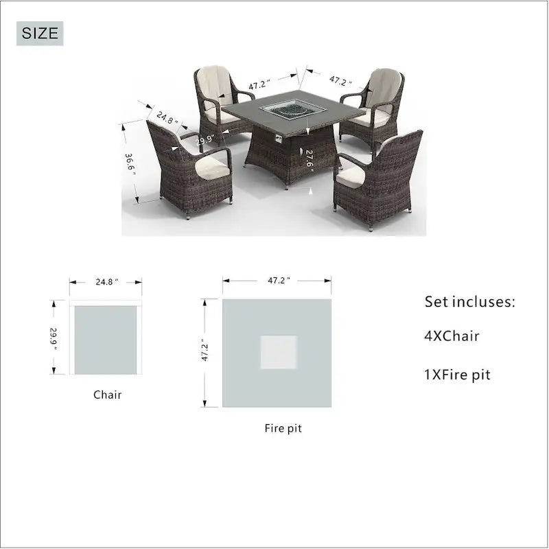 Abrihome Outdoor 5-Piece Dark Brown Wicker Dining Set with Square Rattan Gas Fire Pit Table