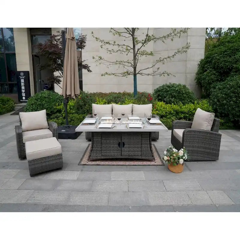 5-Piece Wicker Patio Sofa Set with Gas Firepit And Ice Bucket by None