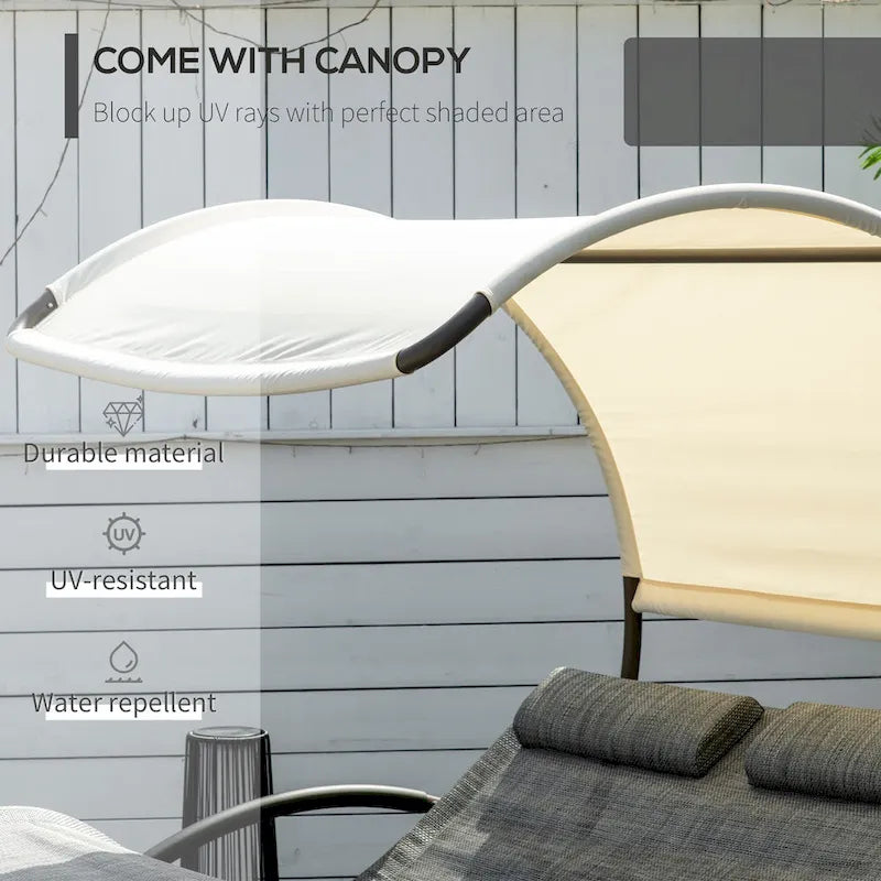 Outsunny Outdoor Double Chaise Rocking Chair, Day Bed Sun Lounger with Canopy Shade, Headrest Pillow, Armrests