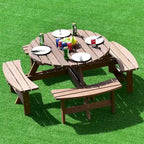 Patio Wooden Picnic Table Set Outdoor Round Table with Umbrella Hole