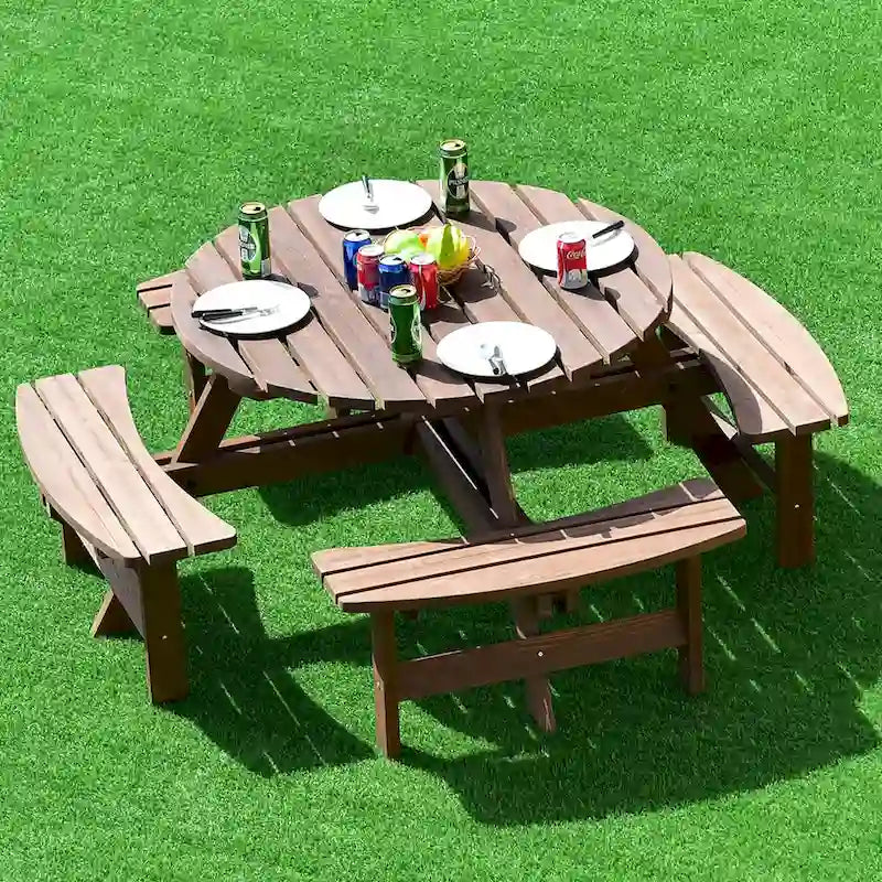 Patio Wooden Picnic Table Set Outdoor Round Table with Umbrella Hole