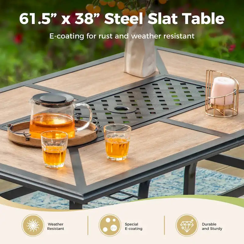 MAISON ARTS 7 Pieces Patio Steel Dining Set with 6 Stackable Steel Dining Chairs and 1 Patio Umbrella Rectangle Table