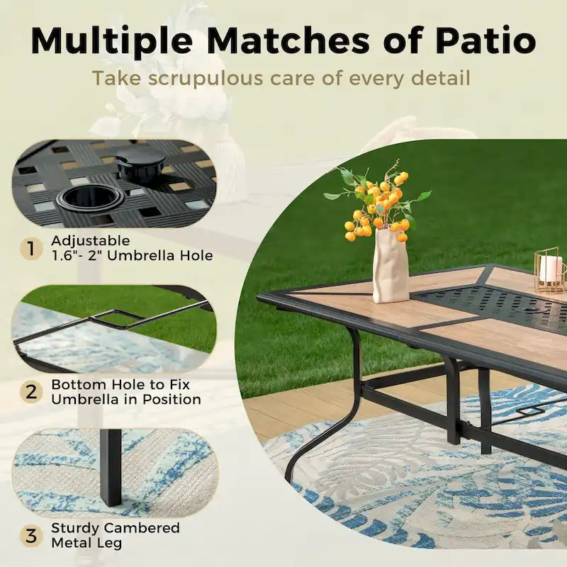 MAISON ARTS 7 Pieces Patio Steel Dining Set with 6 Stackable Steel Dining Chairs and 1 Patio Umbrella Rectangle Table