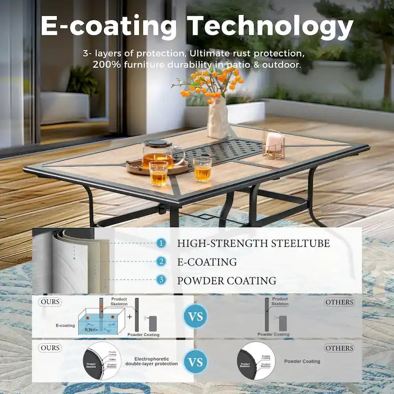 MAISON ARTS 7 Pieces Patio Steel Dining Set with 6 Stackable Steel Dining Chairs and 1 Patio Umbrella Rectangle Table