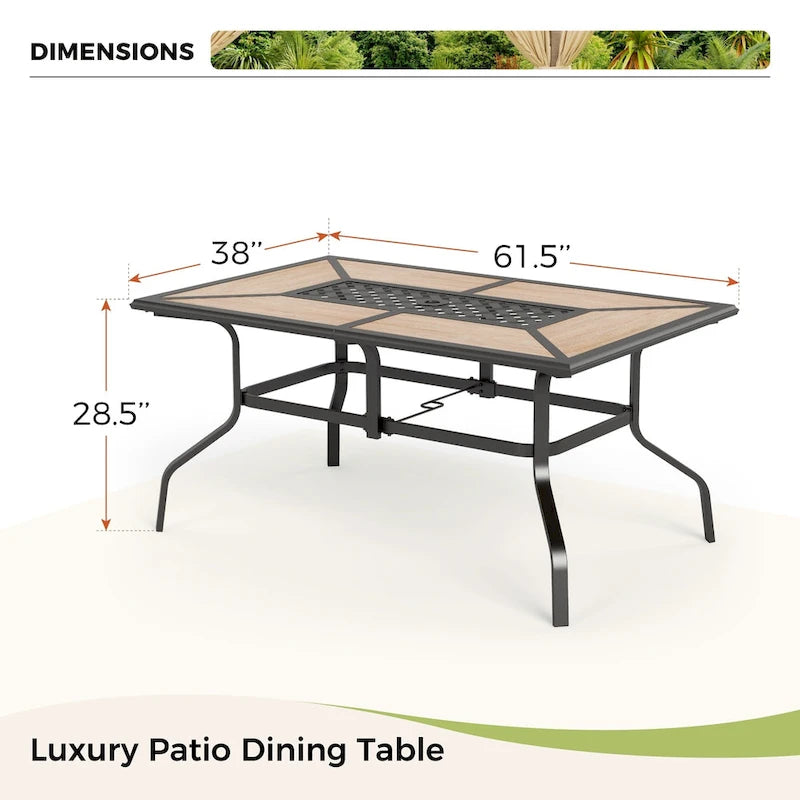MAISON ARTS 7 Pieces Patio Steel Dining Set with 6 Stackable Steel Dining Chairs and 1 Patio Umbrella Rectangle Table