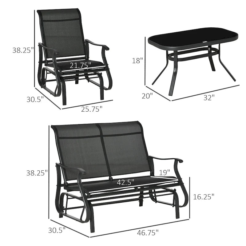 Outsunny 4 Pieces Gliders Set, Outdoor Furniture Sets with 2-Person Glider Patio Bench, Single Sling Chair and Coffee Table