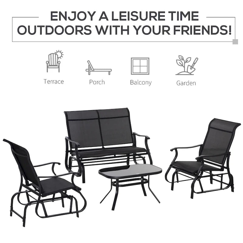 Outsunny 4 Pieces Gliders Set, Outdoor Furniture Sets with 2-Person Glider Patio Bench, Single Sling Chair and Coffee Table