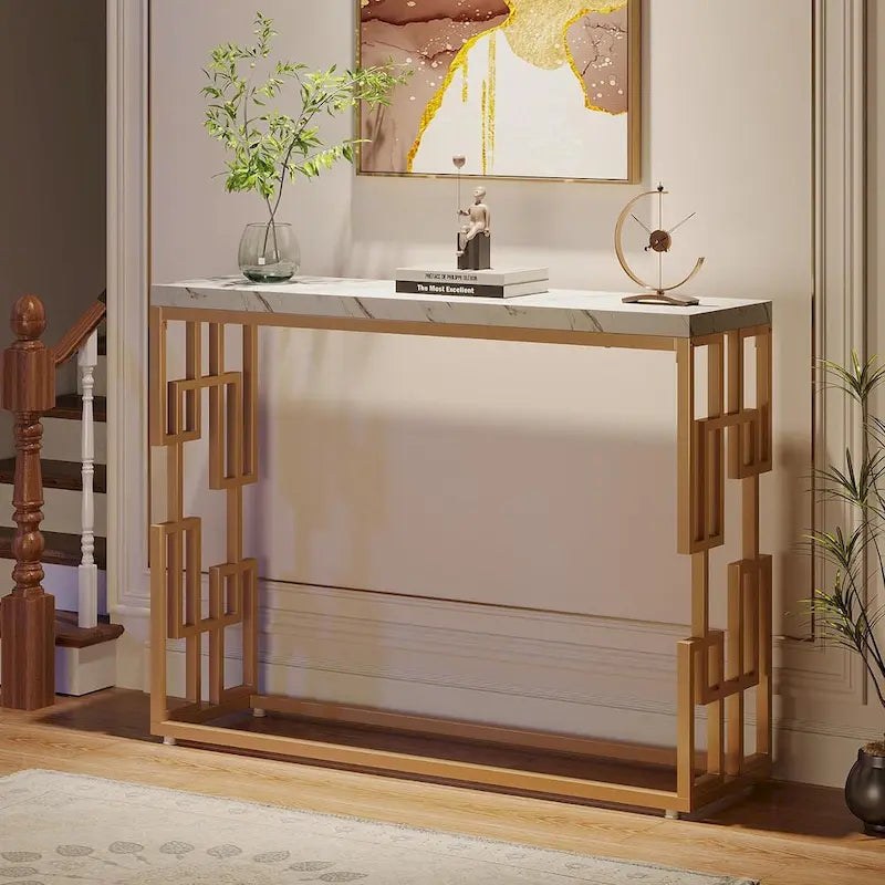 Console Table, White Faux Marble Modern Sofa Tables for Living Room