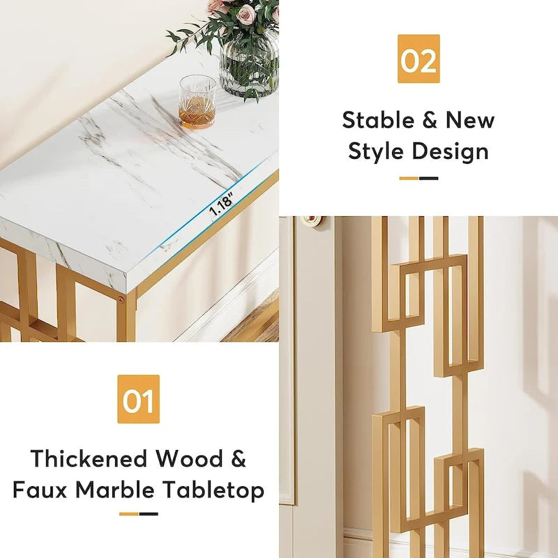 Console Table, White Faux Marble Modern Sofa Tables for Living Room