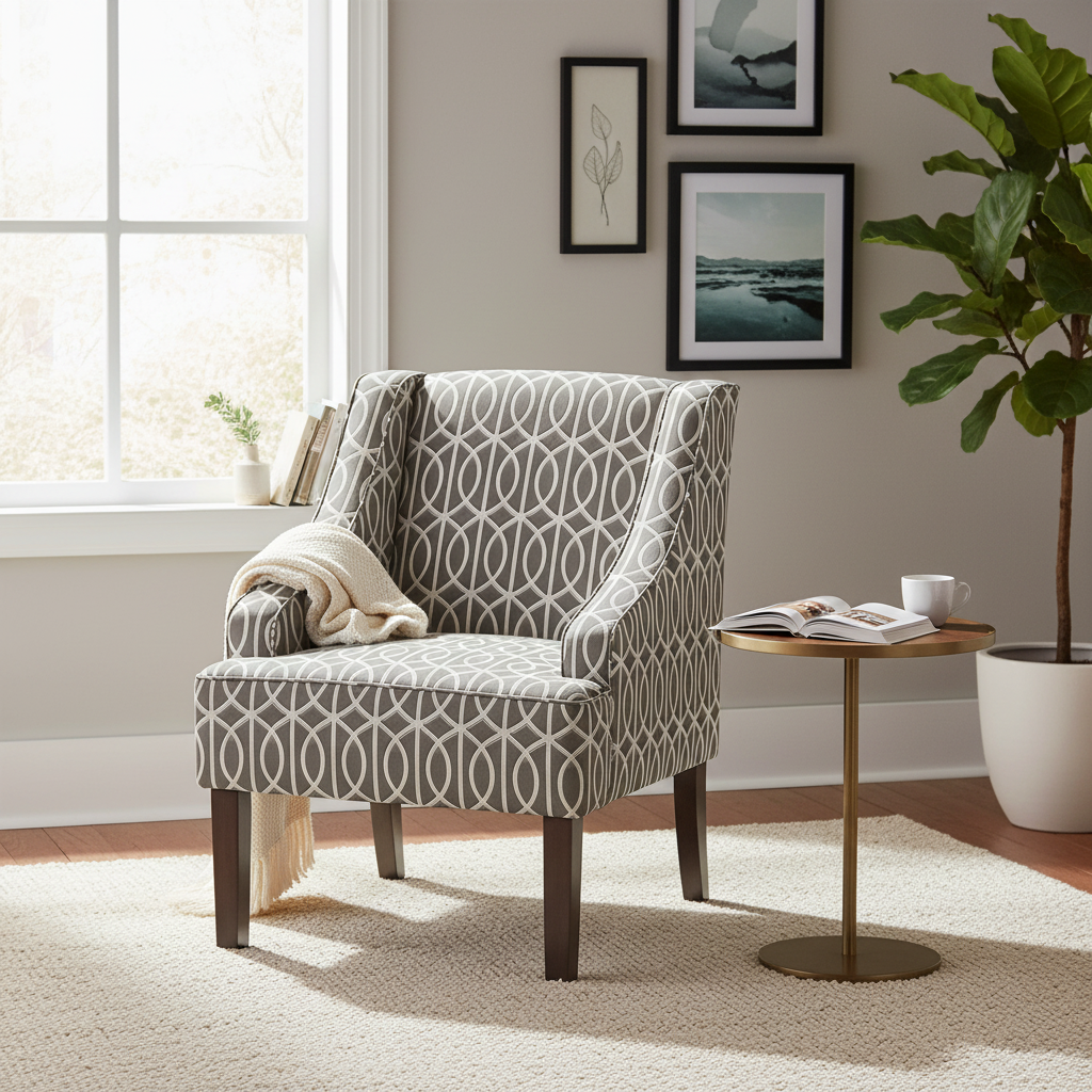 Swoop Arm Accent Chair, Cotton Fabric with Walnut Legs – Grey, Single