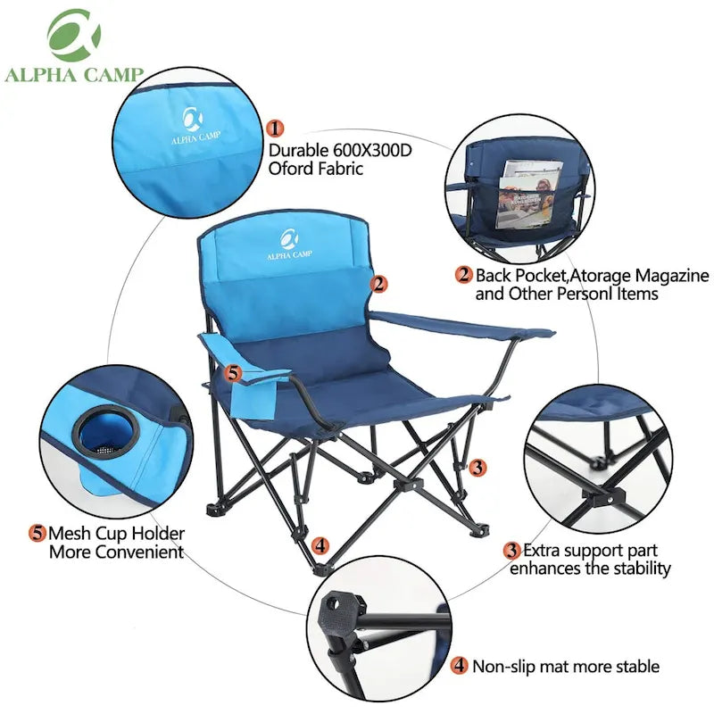 Portable Camping Quad Folding Chair Heavy Duty Support 300 LBS Oversized Steel Frame Collapsible Chair