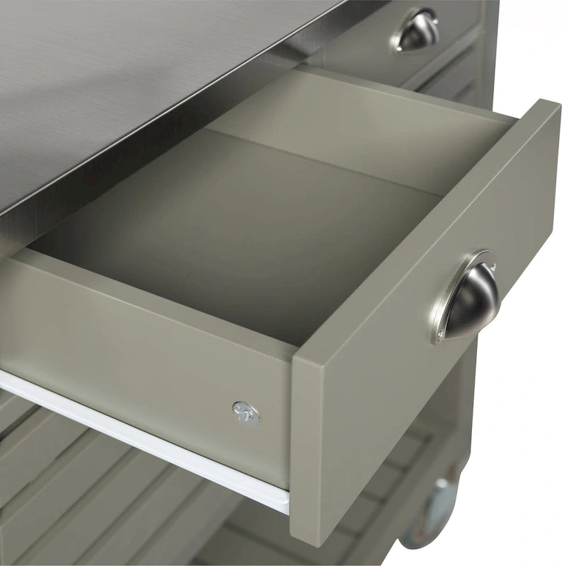 Rolling Kitchen Cart with Stainless Steel Top – Grey, 2 Drawers & Pull-Out Baskets