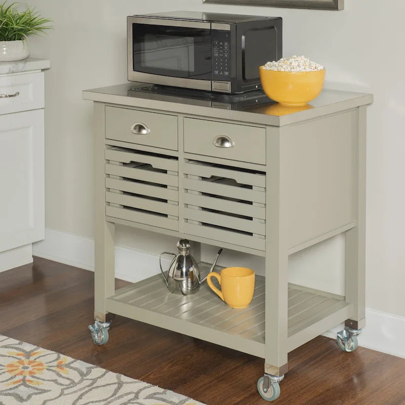 Rolling Kitchen Cart with Stainless Steel Top – Grey, 2 Drawers & Pull-Out Baskets