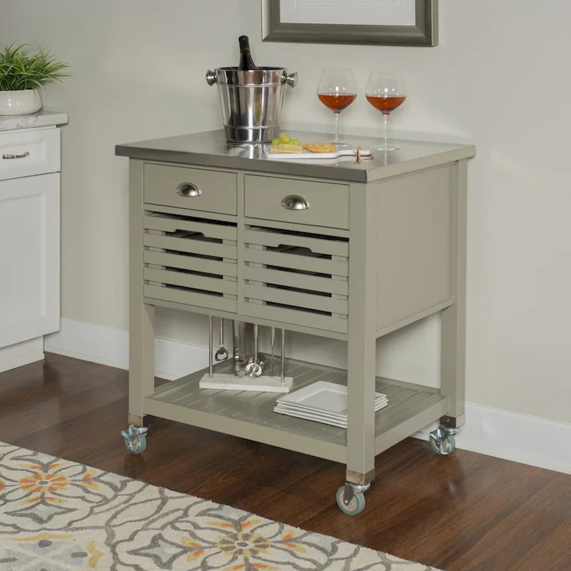Rolling Kitchen Cart with Stainless Steel Top – Grey, 2 Drawers & Pull-Out Baskets