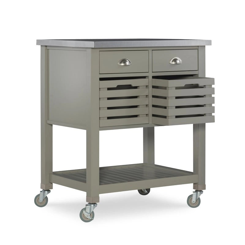 Rolling Kitchen Cart with Stainless Steel Top – Grey, 2 Drawers & Pull-Out Baskets