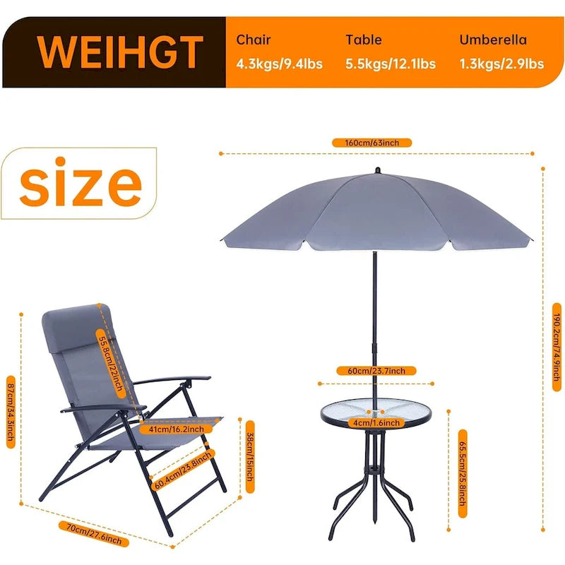 4 Piece Patio Dining Set, Garden Furniture Bistro Set with Tilted Removable Umbrella, 2 Folding Chairs, Round Glass Table (Grey)
