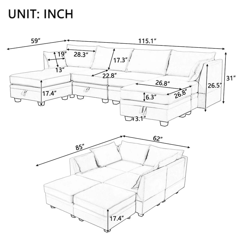 Convertible Sofa Bed with Reversible Chaise for Living Room
